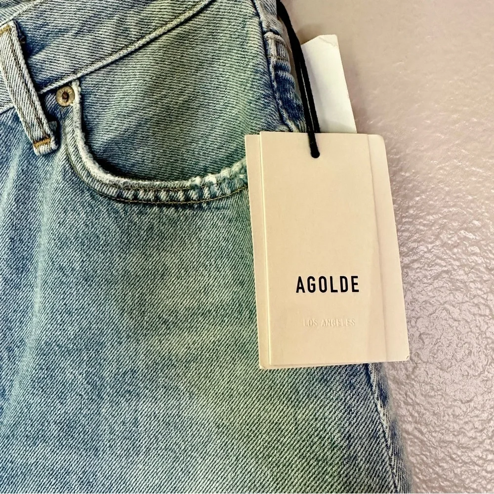 NWT Agolde Criss Cross Jean Mini Skirt Distressed Light Blue Frayed Hem Denim